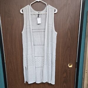 Amanda Green Size XL Light Grey Open Knit Midi Wool Linen Sleeveless Cardigan